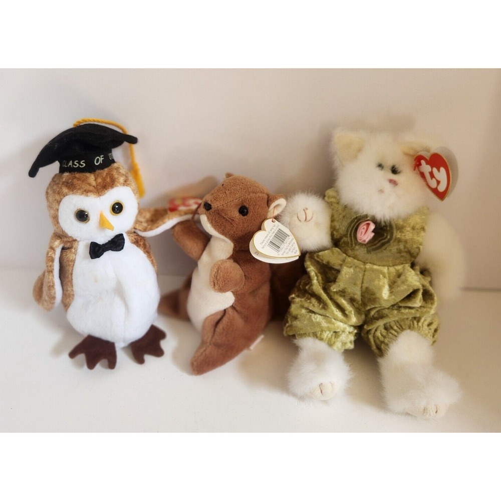Ty Beanie Baby Babies - All 3 Katrina Bear Wisest Owl Squirrel Nuts